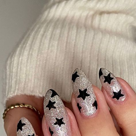 Sparkly Star Nails, Silver Stars Nails, Glitter Star Nails, Half Moon Manicure, Nail Signs, Stars Nails, Shiny Nails Designs, Star Nail Designs, Moon Manicure