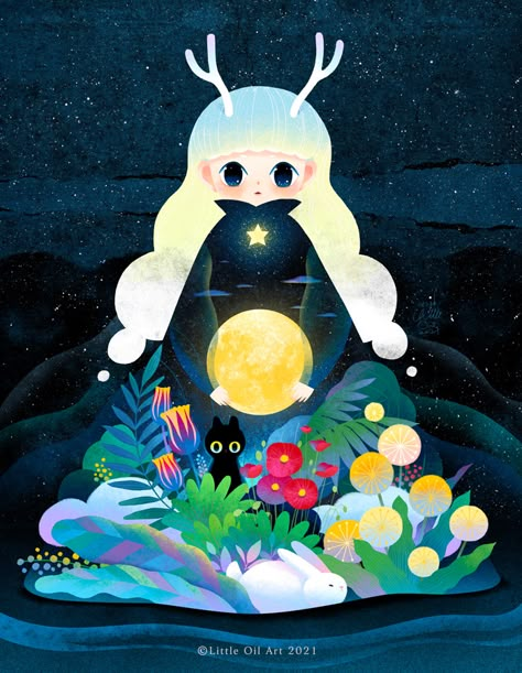 Soul Illustration, Holding The Moon, 동화 삽화, Oil Art, Rainbow Art, Children Book, Magical Forest, Ethereal Art, Children's Book Illustration