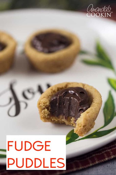 Fudge Puddles Recipe, Fudge Puddle Cookies, Fudge Filled Cookies, Peanut Butter Fudge Cookies, Chocolate Puddles, Fudge Puddles, Chocolate Fudge Filling, Peanut Butter Cookie Cups, Chocolate Chip Cookie Cups