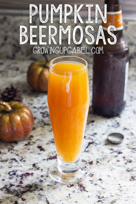 Make a fun pumpkin beer cocktail for fall with a pumpkin beermosa! Combine pumpkin juice and pumpkin beer for a fun drink for Halloween or Thanksgiving. Pumpkin Juice, Beer Cocktail, Pumpkin Beer, Beer Cocktails, Fall Cocktails, Party Food And Drinks, Fall Drinks, Holiday Drinks, Party Drinks