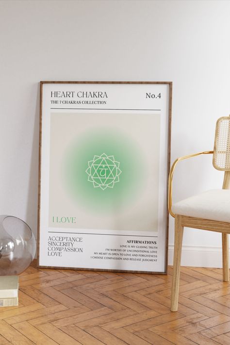 Beautiful trendy dorm room/ living room decor colourful gradient green aura heart chakra print with its symbol, mantra, characteristics and positive affirmations to unblock and rebalance the heart chakra. Perfect Wall Art Gift for all the Spiritual Souls out there and for Kundalini Yoga lovers 💚 Chakra Interior Design, Heart Chakra Art, Chakra Poster Aesthetic, Room Decor Colourful, Chakra Definition, Chakras Poster, Green Heart Chakra, Aura Heart, Chakra Wall Art