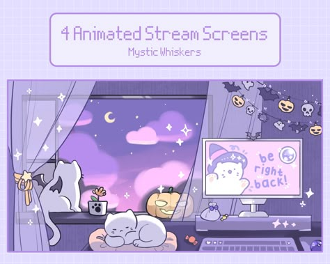 Twitch Starting Soon Screen Ideas, Twitch Loading Screen, Halloween Twitch Overlay, Starting Soon Twitch Aesthetic, Twitch Starting Soon Screen, Cute Stream Overlay, Twitch Offline Screen, Twitch Starting Soon, Twitch Assets