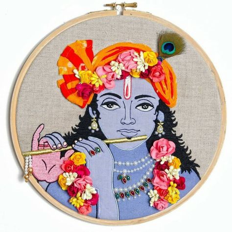 Krishna Wall Art, Indian Wall Art, Embroidery Hoop Wall, Embroidery Hoop Wall Art, Indian God, Yellow Quilts, Diy Embroidery Designs, Hand Embroidery Design Patterns, Modern Embroidery