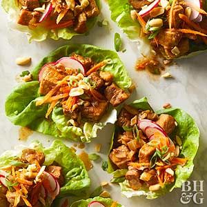 Make succulent pork to fill lettuce wraps at home using your pressure cooker or your slow cooker, we've got directions for either! Add all your favorite lettuce wrap toppers or set out dishes for each so everyone can pick and choose their toppers. Light Dinner Ideas, Lettuce Wraps Healthy, Pork Lettuce Wraps, Light Dinner Recipes, Ginger Pork, Easy Pork Chop Recipes, Juicy Pork Chops, Lettuce Wrap Recipes, Mapo Tofu