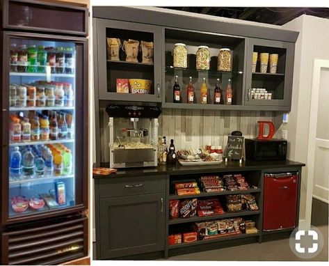 Concession stand for the theater Media Room Concession Ideas, Movie Room Tv Stands, Multipurpose Theater Room, Home Movie Snack Bar, Home Theater Kitchenette, Home Theater Concession Ideas, Home Concession Stand, Movie Concession Stand, Concession Stand Ideas