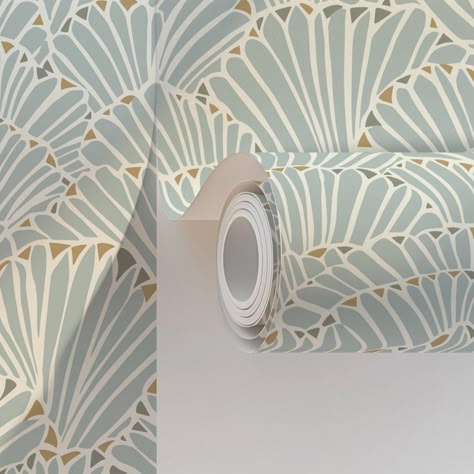 Ocean Shell Fan Art Deco in Soft Blue & Gold Wallpaper Coastal Wallpaper On Ceiling, Beach Wallpaper For Bathroom, Wallpaper Organic Modern, Light Wallpaper Bathroom, Powder Room Wallpaper Elegant Mid Century, Blue Peel And Stick Wallpaper Bathroom, Coastal Wallpaper Accent Wall Bathroom, Lake House Bathroom Wallpaper, Entry Hallway Wallpaper