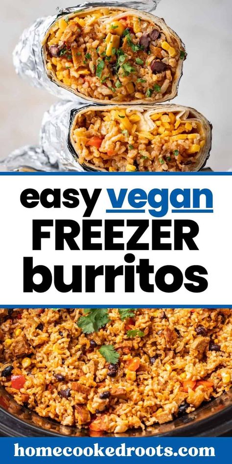 These Vegan Freezer Burritos are the best of all time! Made entirely in the crockpot with versatile ingredients. Roll in your favorite flour tortillas and freeze, or freeze the filling on it's own for homemade vegan burrito bowls! Vegan Smothered Burrito, Meal Prep Vegetarian Burritos, Freezer Burritos Vegetarian, Healthy Freezer Burritos, Dairy Free Burritos, Vegan Freezer Burritos, Vegan Burritos Recipe, Vegan Breakfast Burrito Freezer, How To Freeze Burritos