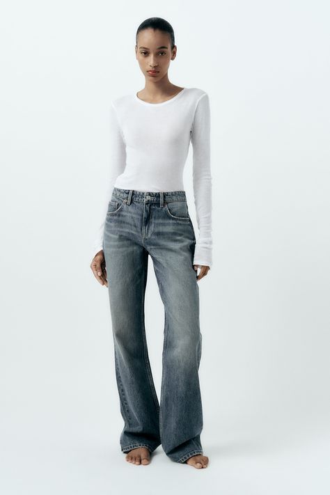 TRF WIDE-LEG MID-RISE FULL LENGTH JEANS - Blue | ZARA United Kingdom Zara Jeans Outfit, Zara Wide Leg Jeans, Full Length Jeans, Low Waist Jeans, Perfect Jeans, Fashion Pieces, Zara Jeans, Zara Basic, Mid Rise Jeans