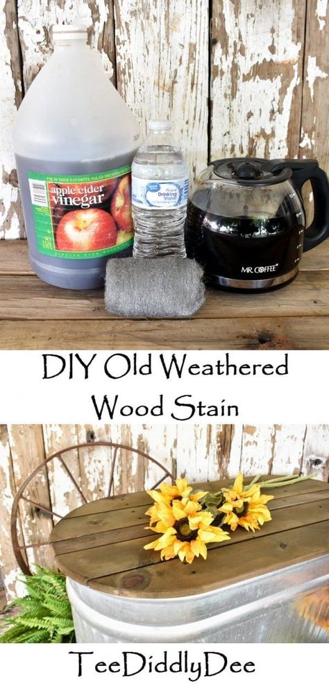 Make a cheap/easy weathered looking wood stain out of steel wool and vinegar Weather Wood Diy, Homemade Wood Stains, Vinegar Stain, Best Wood Stain, Steel Wool And Vinegar, Weathered Wood Stain, Diy Vinegar, Diy Wood Stain, Rustic Furniture Diy