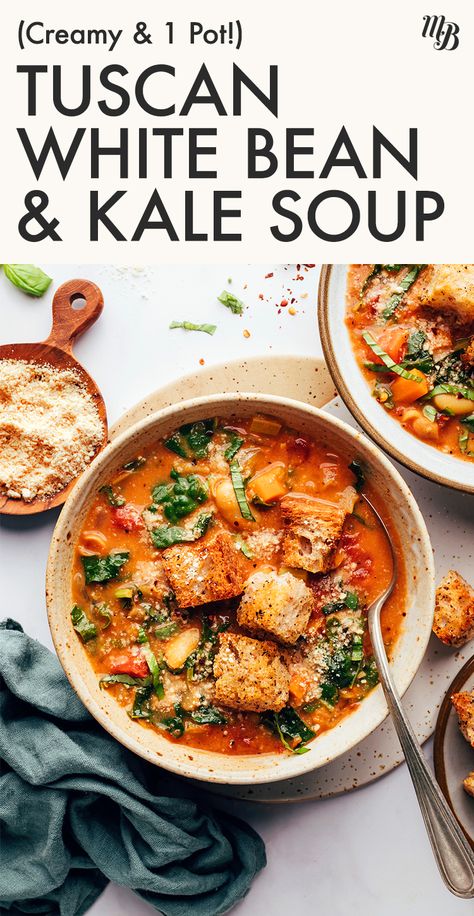 CREAMY Tuscan-Inspired Soup with White Beans, Kale, and Tomatoes! Comforting, savory, and just 1 pot required! #minimalistbaker #recipe #plantbased #soup Tuscan Soup With White Beans, Tomato White Bean Kale Soup, Tuscan Kale And White Bean Soup, Tomato White Bean Soup, Tuscan Kale Soup, Beef Lentil Soup, Bean Kale Soup, Soup With White Beans, Kale And White Bean Soup