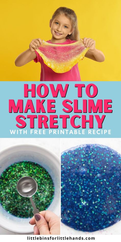 Learn how to make slime stretchy! Slime making is a favorite activity for kids of all ages! Check out our recipe for how to get the stretchiest slime ever! And we have a free printable for the slime. Learn our techniques and tips to create the ultimate stretchy slime. Homemade Slime For Kids, Easy Slime Recipes For Kids, Slime With Borax, Slime With Glue, Easy Slime Recipes, Glitter Slime Recipe, Basic Slime Recipe, Indoor Play Ideas, Borax Free Slime