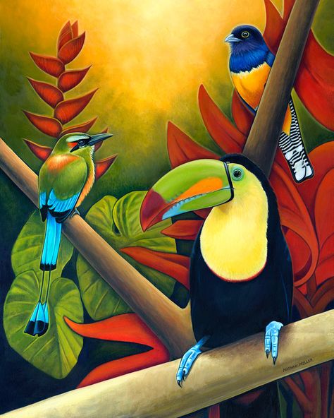 Tropical Birds is a painting by artist, Nathan Miller, who spent five years painting the beautiful wildlife of Costa Rica. Costa Rica Art, Nathan Miller, Toucan Art, Buy Paintings Online, Peacock Art, Bird Art Print, Tropical Art, Tropical Birds, Bird Illustration