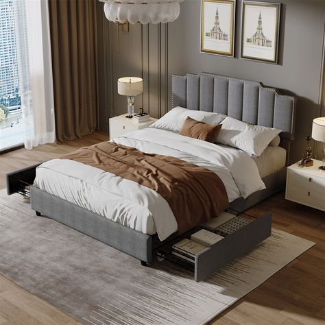 Description: Upholstered in linen fabric with classic rivet design, this deluxe platform bed adds glamour and comfort to your bedroom. Linen Bed Frame, Upholstered Storage Bed, Queen Size Platform Bed, Linen Bed, Queen Size Bed Frames, Padded Headboard, Beds And Headboards, Queen Bed Frame, Fabric Bed