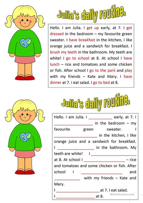 Julia's Daily Routine - English ESL Worksheets for distance learning and physical classrooms Daily Routine In English, Daily Routine Worksheet, Daily Routine Kids, Daily Routine Activities, Text Ideas, Reading Comprehension For Kids, Esl Reading, Vocabulary Exercises, Reading Comprehension Lessons