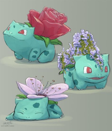 What if the green plant bulb on Bulbasaur’s back bloomed into a beautiful flower? Pokemon Bulbasaur, Pokémon Master, Pokemon Fusion, Pokemon Drawings, Pokemon Fan Art, Pokemon Pictures, Pocket Monsters, Pokemon Fan, Cute Pokemon