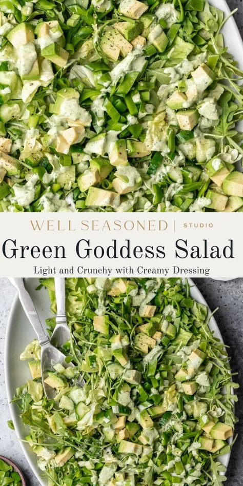 This light, crunchy Green Goddess Salad is a fresh, vibrant way to get in your salad greens and veggies, and is endlessly adaptable. The best part is the homemade creamy salad dressing that is full of fresh herbs! Enjoy as a light lunch or serve alongside grilled chicken, fish, or roasted veggies. GF #wellseasonedstudio #greengoddess #salad #saladrecipe Elevated Recipes, Nicoise Salad Dressing, Salad Chopper, Green Goddess Salad Dressing, Green Goddess Salad, Creamy Salad, Goddess Salad, Main Salad, How To Cook Kale