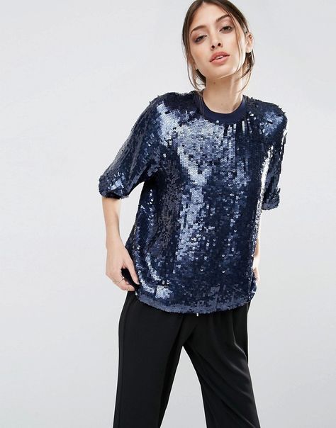 ASOS Sequin Navy T-Shirt Sequin Shirt Outfit, Sequin Top Outfit, Sequins Top Outfit, Sparkly Tops, Sequence Top, Sparkly Top, Sequin Shirt, Event Outfit, Tops Casual