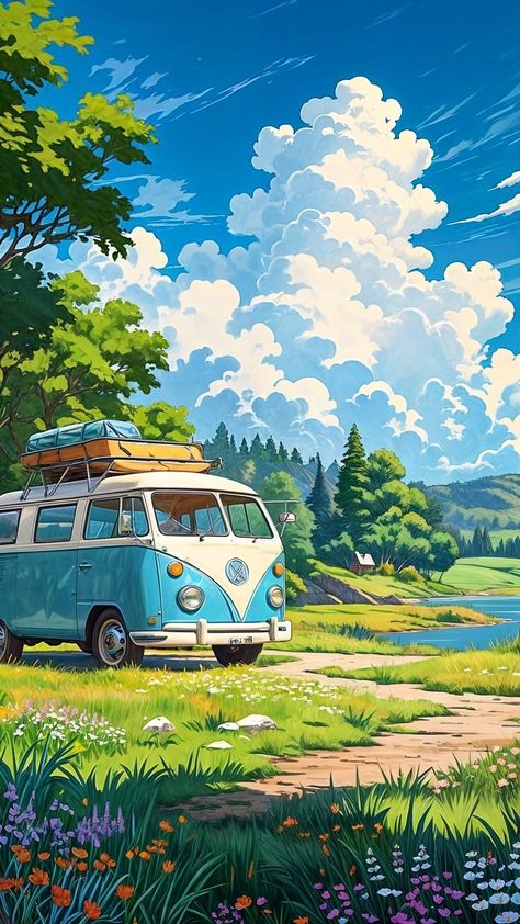 Where the van meets the sky and nature's vast embrace, find the freedom to chase your wildest dreams. . . . . . Follow @ai_imverse for more . . . . . #midjourney #aicommunity #van #dreamTravvel #aiartworks #trending #trendingnow #illustration #cozy #cozyvibes #nature #cozydecor #cottagestyle #conceptartist #stressrelief #stressfree #storytelling #stablediffusion #midjourneygallery #artoftheday #lofi #conceptart #studioghibli #animelover #studioghibli #loneliness #wanderlust #picnic #home #ai Ghibli Style Landscape, Animated Photos, Pixel Art Landscape, Oil Painting Nature, Cool Pixel Art, Painting Nature, Wildest Dreams, Beautiful Nature Wallpaper, Cute Easy Drawings