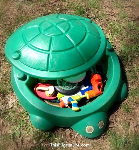 Turtle Sandbox Repurpose, Turtle Sandbox Ideas, Sandbox Alternative Ideas, Turtle Sandbox Makeover, Pilgrim Life, 2000s Toys, Play Area Backyard, Sand Pit, Diy Pond