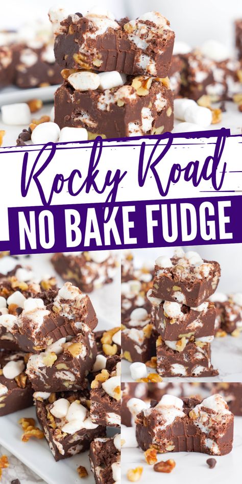 Rockyroad Fudge Recipes, Rocky Road Fudge Easy, Easy Rocky Road Fudge, No Bake Fudge Recipes, Fudge Business, Goonies Halloween, Fall Fudge, Rocky Road Fudge Recipe, Easy Rocky Road Recipe