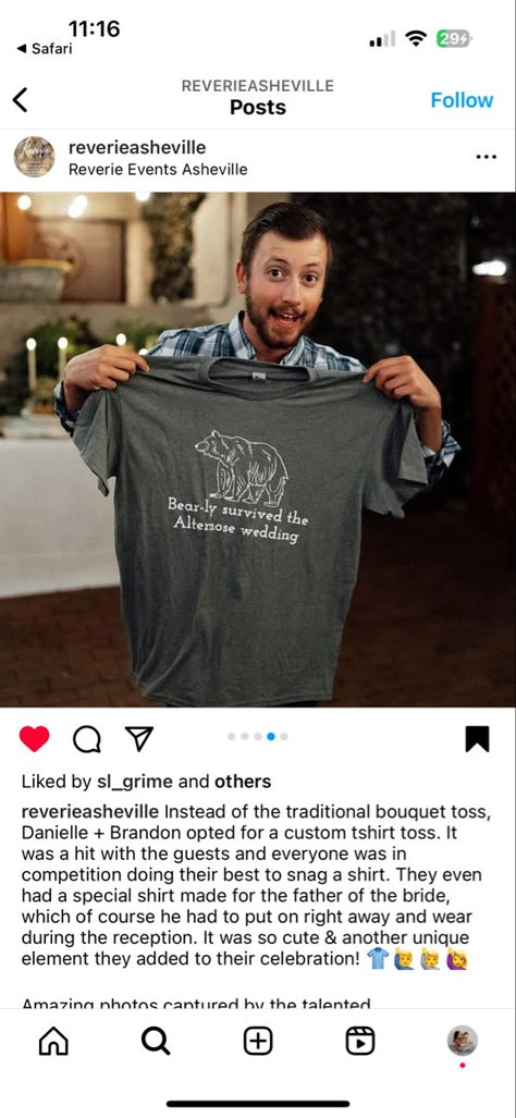 Reverie Events on Instagram: "Instead of the traditional bouquet toss, Danielle + Brandon opted for a custom tshirt toss. It was a hit with the guests and everyone was in competition doing their best to snag a shirt. They even had a special shirt made for the father of the bride, which of course he had to put on right away and wear during the reception. It was so cute & another unique element they added to their celebration! 👕🙋‍♂️🙋🙋‍♀️ Amazing photos captured by the talented @allegoryandelm T Shirt Toss At Wedding, Wedding Party Tshirt Ideas, Wedding T Shirt Toss Ideas, Tshirt Toss Wedding, Wedding Tshirt For Guests, Wedding T Shirts For Guests, Wedding Tshirt Toss, Danielle Brandon, Traditional Bouquet