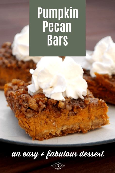 Decadent Pumpkin Pecan Bars - The Gingered Whisk Pumpkin Pecan Bars, Friend Get Together, Pumpkin Bars Recipe, Easy Pumpkin Bars, Pecan Bars Recipe, Fall Desserts Pumpkin, Pecan Pie Bars Recipe, Quick Oatmeal, Pumpkin Squares