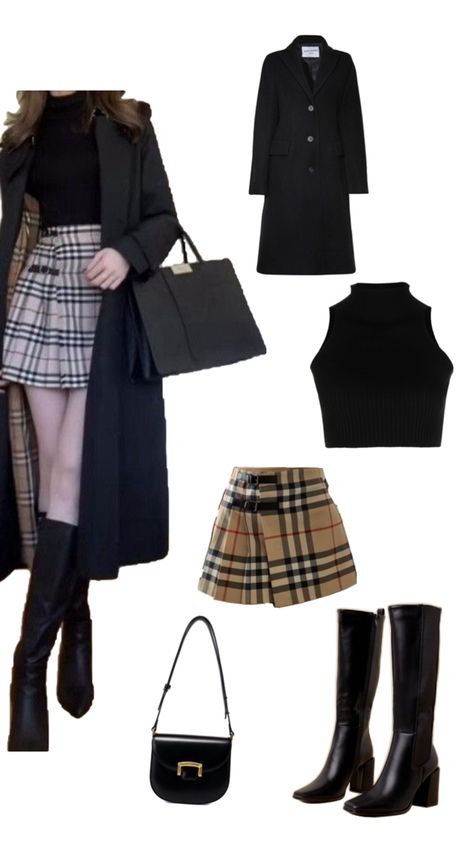 Outfit idea Checks Skirt, Long Coat Outfit, Long Black Coat, Check Skirt, Winter Fashion Outfits Casual, Winter Skirt, Coat Outfits, Winter Fashion Outfits, Black Skirt