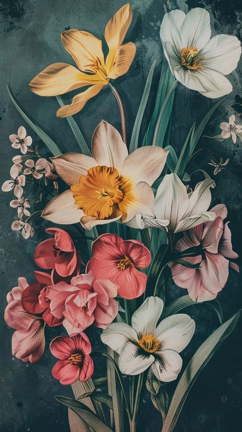 Spring flowers postcard painting daffodil blossom. | free image by rawpixel.com / Boom Iphone Wallpaper Spring, Postcard Painting, Spring Illustration, Flower Iphone Wallpaper, Plant Aesthetic, Vintage Spring, Spring Blossom, Album Art, Mobile Wallpaper