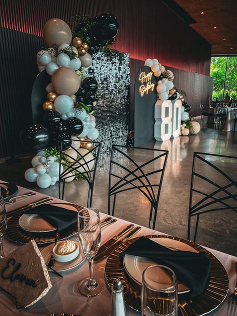 Fabulous 80th Birthday Party in Miami, Florida. | Tabitha's Balloon Bar | PartySlate 80 Birthday Party Ideas Decoration, 80 Birthday Party Ideas, 80th Birthday Party Theme, Marquee Lighting, 80th Birthday Party Ideas, Space Decorations, 80th Birthday Ideas, Balloon Bar, Birthday Party Ideas Decoration