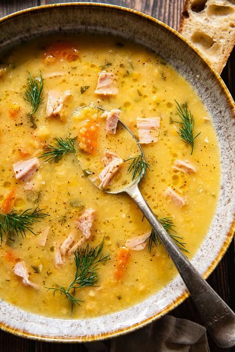 Yellow Split Pea and Ham Soup #yellowsplitpeas #Splitpeasoup #Splitpeas #Soup #cook #recipes Yellow Split Pea Recipe, Split Pea And Ham Soup, Cubed Ham, Yellow Split Pea, Yellow Split Pea Soup, Eggplant Meatballs, Leftover Turkey Soup, Turkey Soup Recipe, Yellow Split Peas