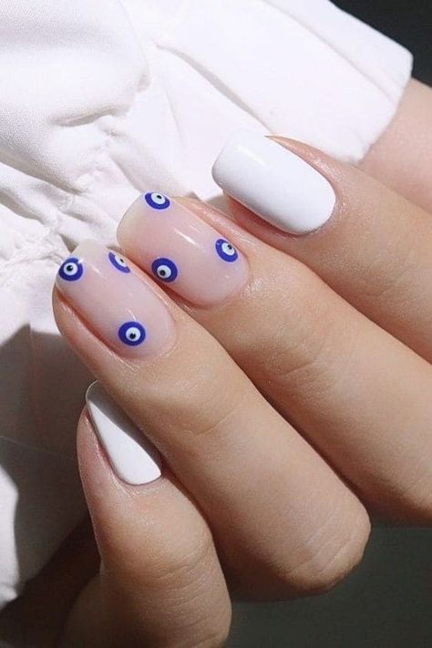 Nails Bday, Short White Nails, Nail Art Tattoo, Girls Nail Designs, Evil Eye Nails, Elegant Manicure, Nail Water Decals, Wow Nails, Hippie Nails