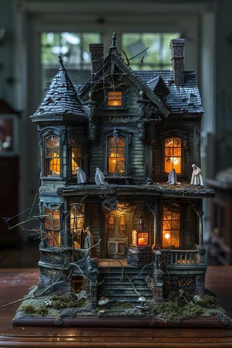 Check out these spooky DIY Halloween decorations ideas! Transform your home into a haunted house, complete with creepy candles, ghostly figures, and eerie lights. Perfect for kids and adults alike. Get started on your next Halloween project now! #HalloweenDecor #DIYHalloween #SpookyDecor Mini Horror House, Halloween Haunted Houses Ideas, Old Doll House Halloween, Witch House Exterior Halloween, Witch Crafts Diy Halloween Decorations, Halloween Mini Haunted Houses, Victorian Haunted House Decorations, Diy Miniature Halloween Decorations, Haunted Dollhouse Diy Ideas Interior