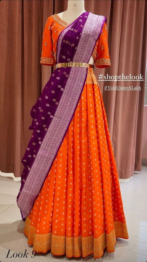 Plain Silk Lehenga Designs Latest, Langa Dhawani Designs, Orange Pattu Lehenga, Orange Half Saree Color Combos, Half Saree Draping Style, Simple Half Saree, Orange Half Saree, Kalamkari Lehenga, Silk Half Saree