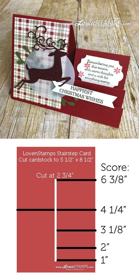 Crafting Hacks: Stairstep Pop-Up Cards for Christmas with Dashing Deer | LovenStamps Happy Christmas Wishes, Pop Up Christmas Cards, Stampin Up Anleitung, Side Step Card, Cards For Christmas, Stepper Cards, Reindeer Card, Fancy Fold Card Tutorials, Step Cards