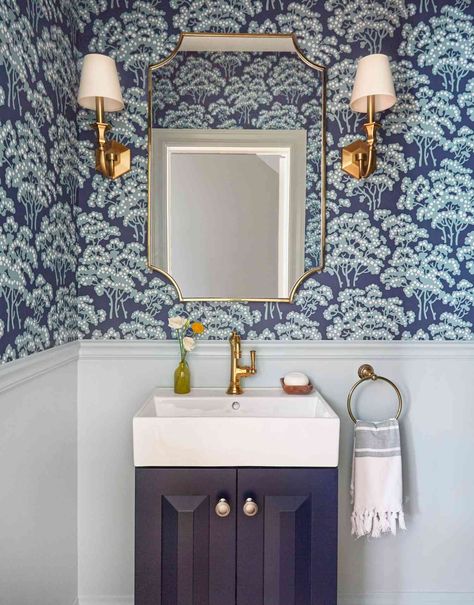 Bathroom With Navy Vanity, Wallpaper With Navy, Navy Blue Vanity, Blue Powder Rooms, Navy Vanity, Contemporary Bathroom Remodel, White Kitchen Pantry, Wallpaper Design Ideas, Blue Bathroom Vanity