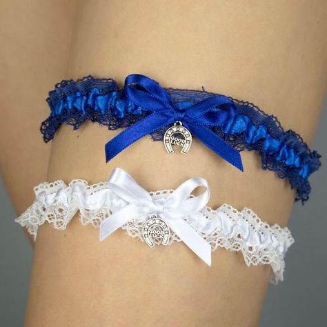 Viking Wedding Garter, Blue And White Homecoming Garters, Royal Blue Wedding Decorations, Navy Blue Garter Wedding, Blue Garter Belt, Prom Garters, Good Luck Horseshoe, Lace Garter Set, Blue Wedding Decorations