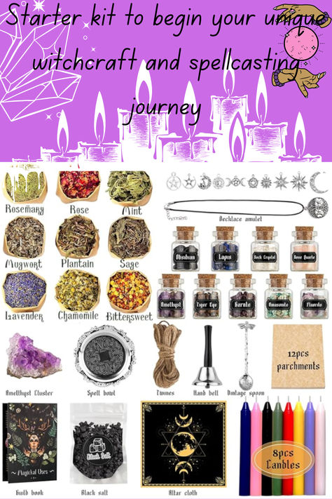 Unlock the magic within with our comprehensive Witchcraft Starter Kit. This kit includes everything you need to start your journey into witchcraft and spellwork. Inside, you'll find a variety of herbs such as rosemary, sage, and chamomile, essential crystals like amethyst and tiger eye, and essential tools including a hand bell, vintage spoon, and altar cloth. Good for beginner and advanced witches. 🌙✨ #Witchcraft #Spirituality #Mystic #HerbalMagic #Crystals #Spellwork Dollar Store Witchcraft, Witchcraft Supplies List, Crystals For Beginner Witches, Beginning Witchcraft Supplies, Witchcraft Spirituality, Cheap Witchcraft Supplies, Witchcraft Starter Kit, Witch Starter Kit, Beginner Witchcraft