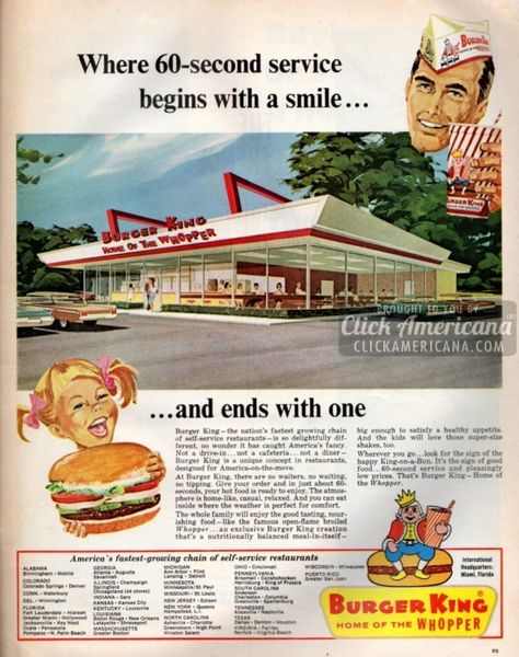 Burger King: A unique concept, so delightfully different (1966) Retro Burger, Menu Vintage, Vintage Menu, Vintage Restaurant, Old Advertisements, Retro Advertising, Food Ads, Retro Ads, Old Ads