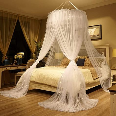 Amazon.com: Bed Canopy Mosquito Net - Princess Elegant Lace Round Sheer Mesh Bed Curtains - Princess Canopy Dome Bedding Net for Twin Full Queen King Size (White with Light) : Home & Kitchen Diy Bed Canopy, Bed Canopy With Lights, Mosquito Net Canopy, Princess Canopy Bed, Bed Valance, Princess Canopy, Bed Drapes, Bed Net, Canopy Bed Diy