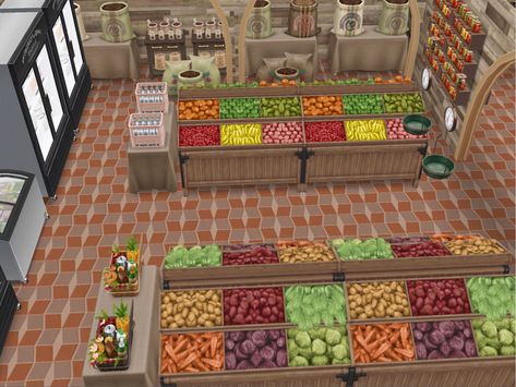 Items from the Produce Market live event #simsfreeplay Supermarket Interior Design, Supermarket Interior, The Sims Freeplay, Produce Market, Interior Design Layout, Sims Free Play, Sims House Design, Sims Freeplay, Free Play