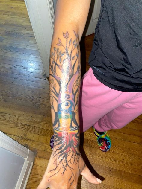 Chakra Tattoo On Arm, Small Chakra Tattoos For Women, Chakra Tattoo Black Woman, Color Sleeve Tattoo Women, Spiritual Tattoo Sleeve, Spiritual Sleeve Tattoo, 7 Chakras Tattoo, Growth Tattoos, Chakras Tattoo