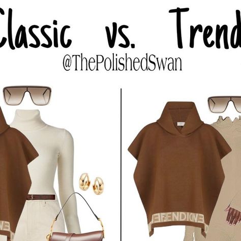 The Polished Swan™️ | Outfit Ideas on Instagram: "Same poncho, handbag and sunglasses, but this picture shows just how STYLING makes the difference in the look and feel of an outfit. Here you see a “Classic” style aesthetic versus a more “Trendy” style aesthetic. The difference in style delineated by a change in the base layers & footwear (Classic: turtleneck, jeans & timeless style boots) (Trendy: jumpsuit & trending Shark lock boots) Remember, you don’t have to pick just one style. I like to let my mood and the occasion and/or event dictate my attire. As always, have fun styling and keep in mind that even if something you see is styled one way, you can always take what you like and reimagine it in the style that best suits you. xoxo, The Polished Swan #howtodress #howtodresswell Outfit Inspo For Women, Shark Lock Boots, Tan Turtleneck, Tan Bodysuit, Trendy Jumpsuit, Baddie Style, Trendy Boots, Tan Pants, Timeless Classic Style