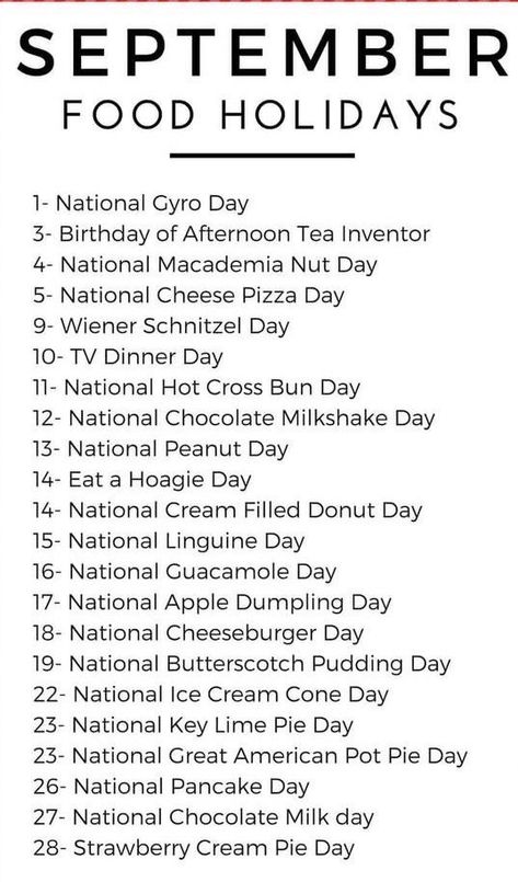 National Food Day Calendar, National Days In September, National Celebration Days, Monthly Holidays, National Holiday Calendar, Fun Calendar, Funny Holidays, September Holidays, Silly Holidays