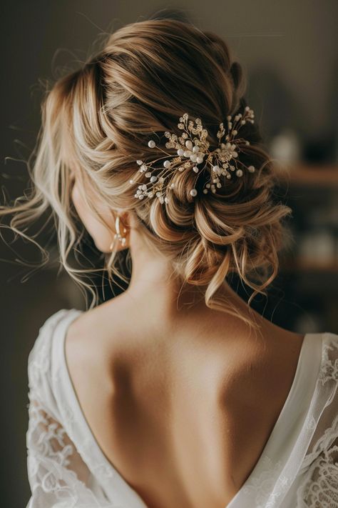 Wedding Updo With Accessories, Loose Bridal Hair Updo, Bridal Updo Flowers, Bridal Updo Long Hair, Boho Bride Hair Updo, Wedding Hairstyles For High Neck Dresses, Wedding Updo Bride, Bridal Low Bun Hairstyles, Wedding Updo With Flowers