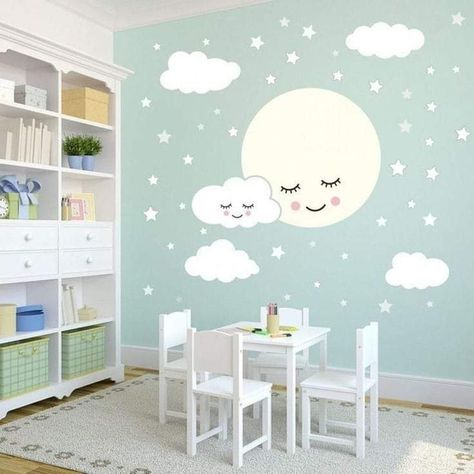 Full Moon With Clouds, Kids Room Wall Paint, Moon With Clouds, Nursery Rooms, Star Wall Decals, Kids Room Paint, Room Wall Painting, Baby Room Wall, Bedroom Wall Paint