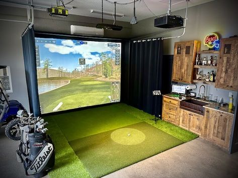 How to Build a Brag-Worthy Golf Simulator - Carl's Place Table Blueprints, Coffee Table Blueprints, Garage Golf Simulator, Diy Golf Simulator, Floating Shelf Plans, Home Golf Simulator, Diy Golf, Golf Simulator Room, Wine Box Wedding