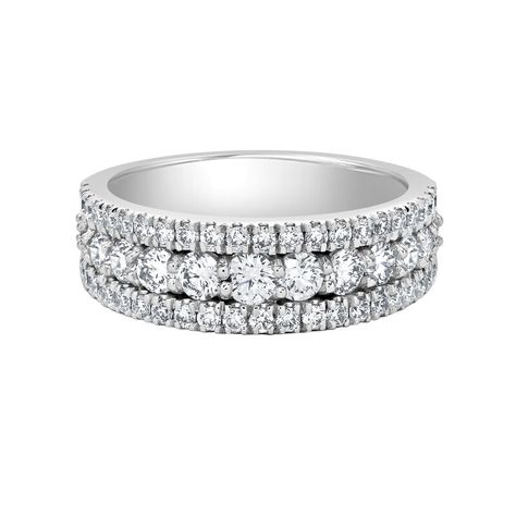 Celebrate your love with a dazzling diamond anniversary ring. This luminous anniversary band features three rows of sparkling brilliant-cut lab grown diamonds, all set in 14-karat white gold.