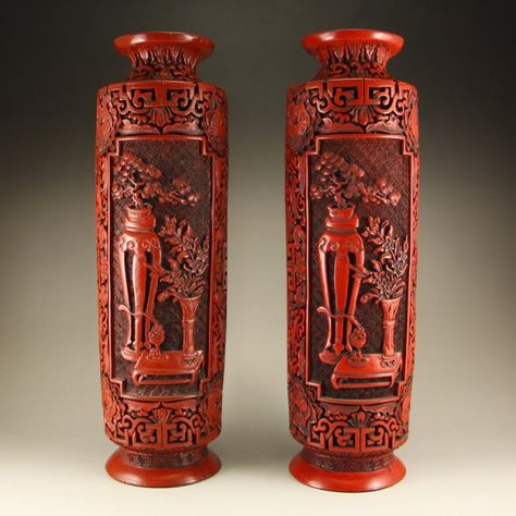 A Pair Chinese Qing Dynasty Lacquerware Vase Asian Vases, Art Chinois, Coral Art, Temple Jar, Silk Route, Wood Statues, Asian Home Decor, Ceramic Pieces, Red Lacquer