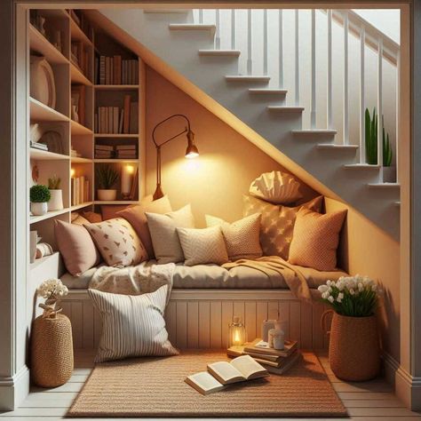 27 Ingenious Under Stairs Storage Ideas » HomeDecorFull Niche Under Stairs, Under Stair Shelving, Under Stair Toy Storage, Reading Book Under Stairs, Under Stairs Cubby, A Frame Storage Ideas, Under Stairs Book Nook, Under Stair Reading Nook, Bookshelf Under Stairs