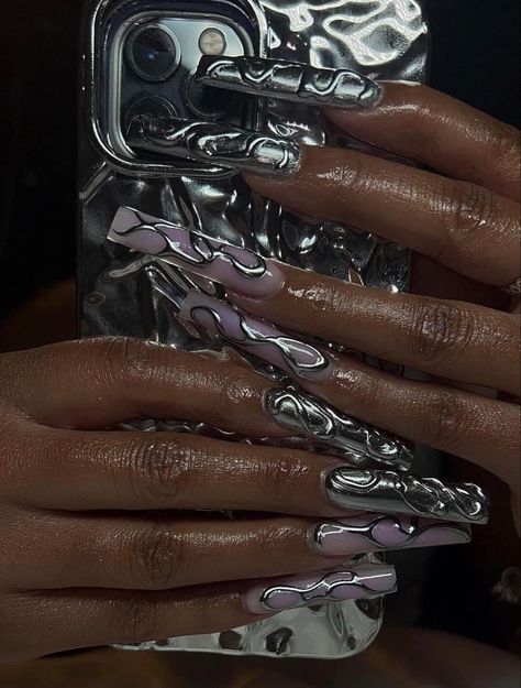 Acrylic Nails Chrome, Chrome Nails Designs, Punk Nails, Drip Nails, Swarovski Nails, Work Nails, Cute Acrylic Nail Designs, Dope Nail Designs, Short Square Acrylic Nails